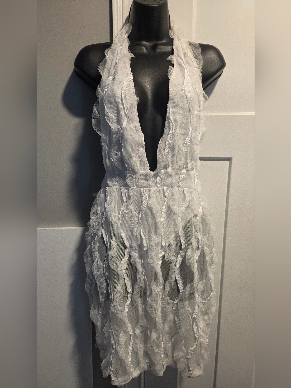 White Halter Ruffle Plunge Dress - Picture 1 of 3